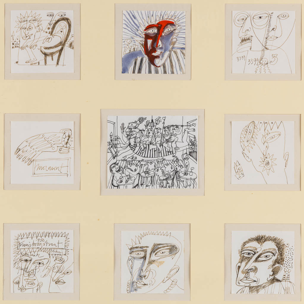 Koen SCHERPEREEL (1961-1997) 'Collage met 9 tekeningen' Inkt en pen op papier. (W:13 x H:10,5 cm)