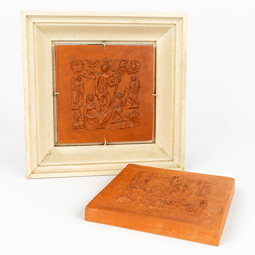 A pair of decorative tiles made of terracotta by Pottelberg in Kortrijk around 1940. 