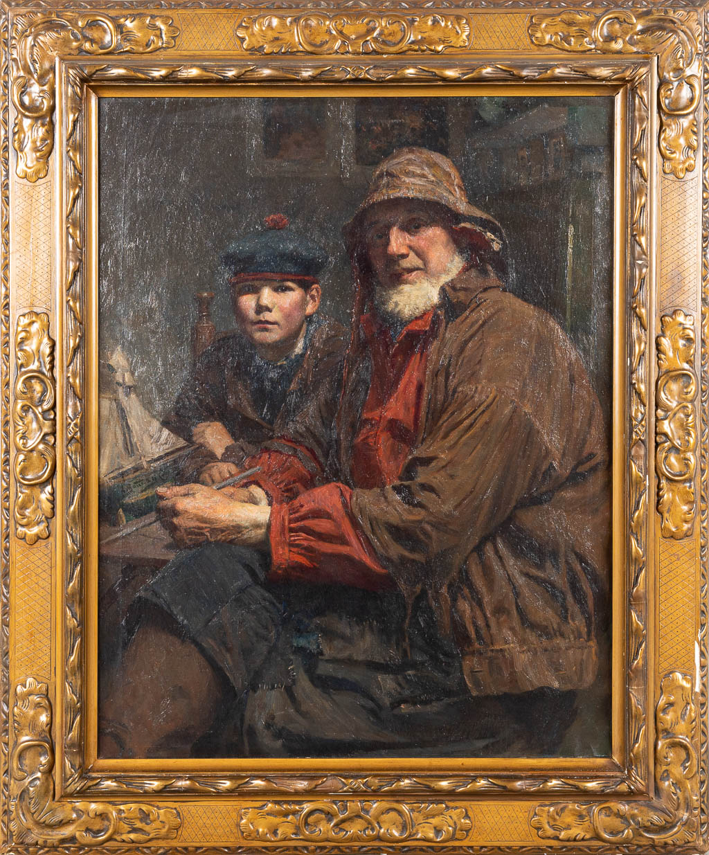 Aloïs BOUDRY (1851-1938) 'Grootvader en kleinzoon' een schilderij, olie op doek. (82 x 105 cm)