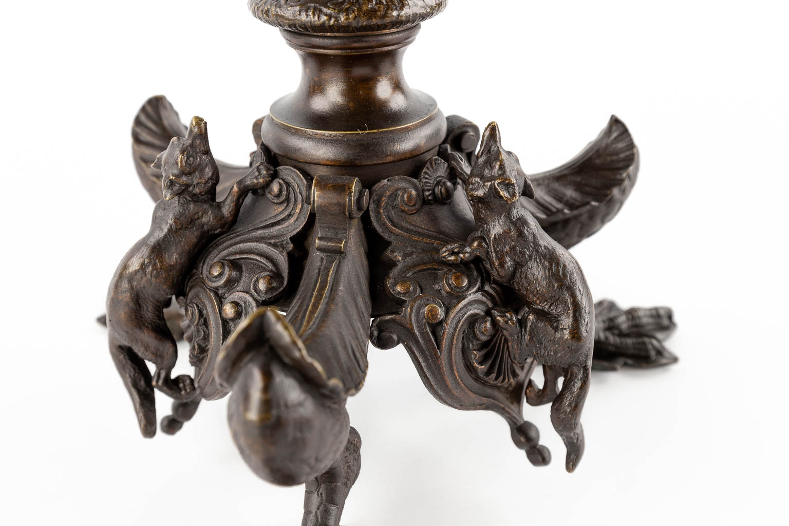 Jules MOIGNIEZ (1835-1894) 'Candelabra with birds and foxes' patinated bronze. (H:72 x D:24 cm)