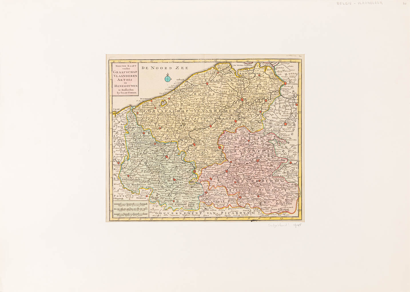 Een kaart 'Nieuwe Kaart van het Graafschap Vlaanderen Artois en door Isaac Tirion, 18de eeuw. | Flanders Auctions