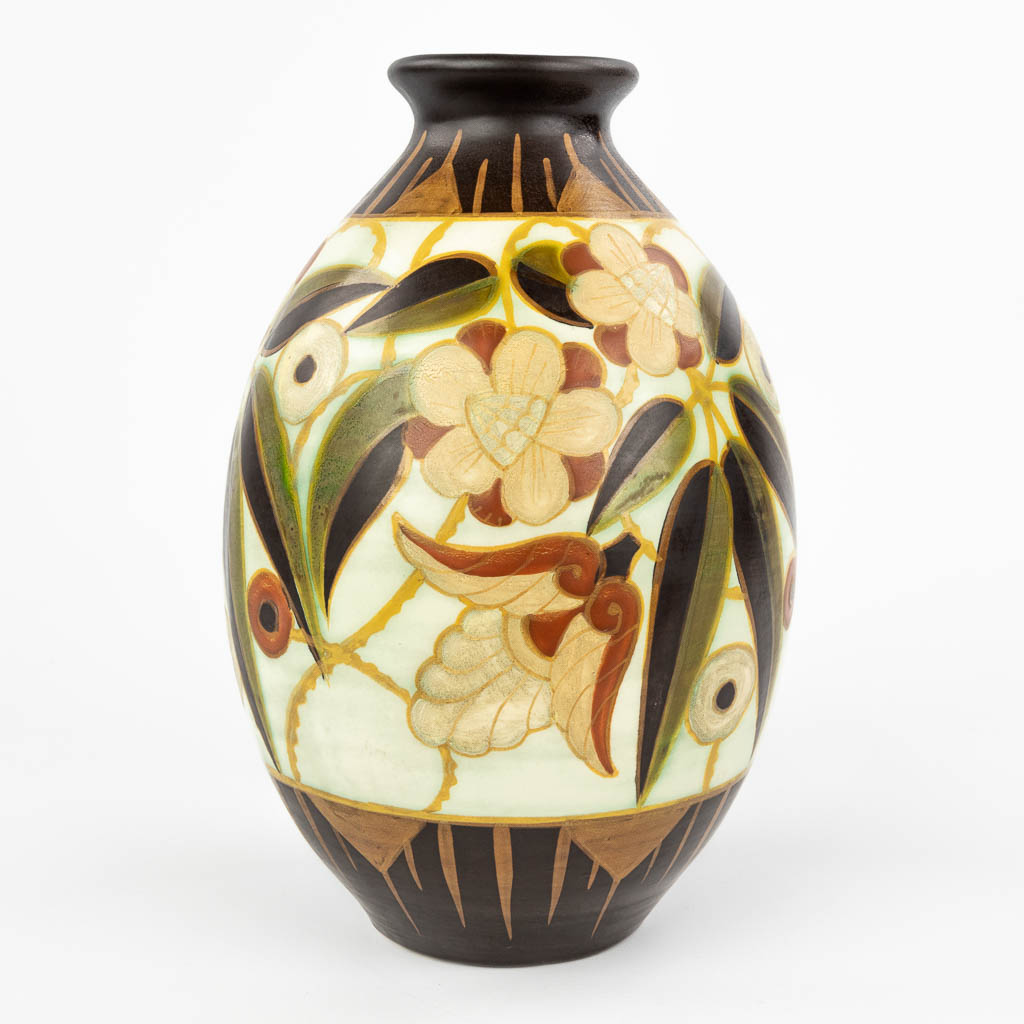 Charles CATTEAU (1880-1966) For Boch Keramis, a faience vase with decor 1847.  (H:30 x D:20 cm)