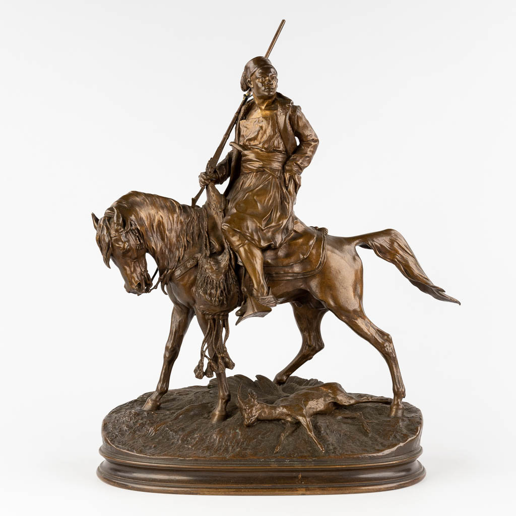 Pierre-Jules MÈNE (1810-1879) 'Afrikaanse Ruiter Te Paard' gepatineerd brons. (D:19 x W:51 x H:40 cm)