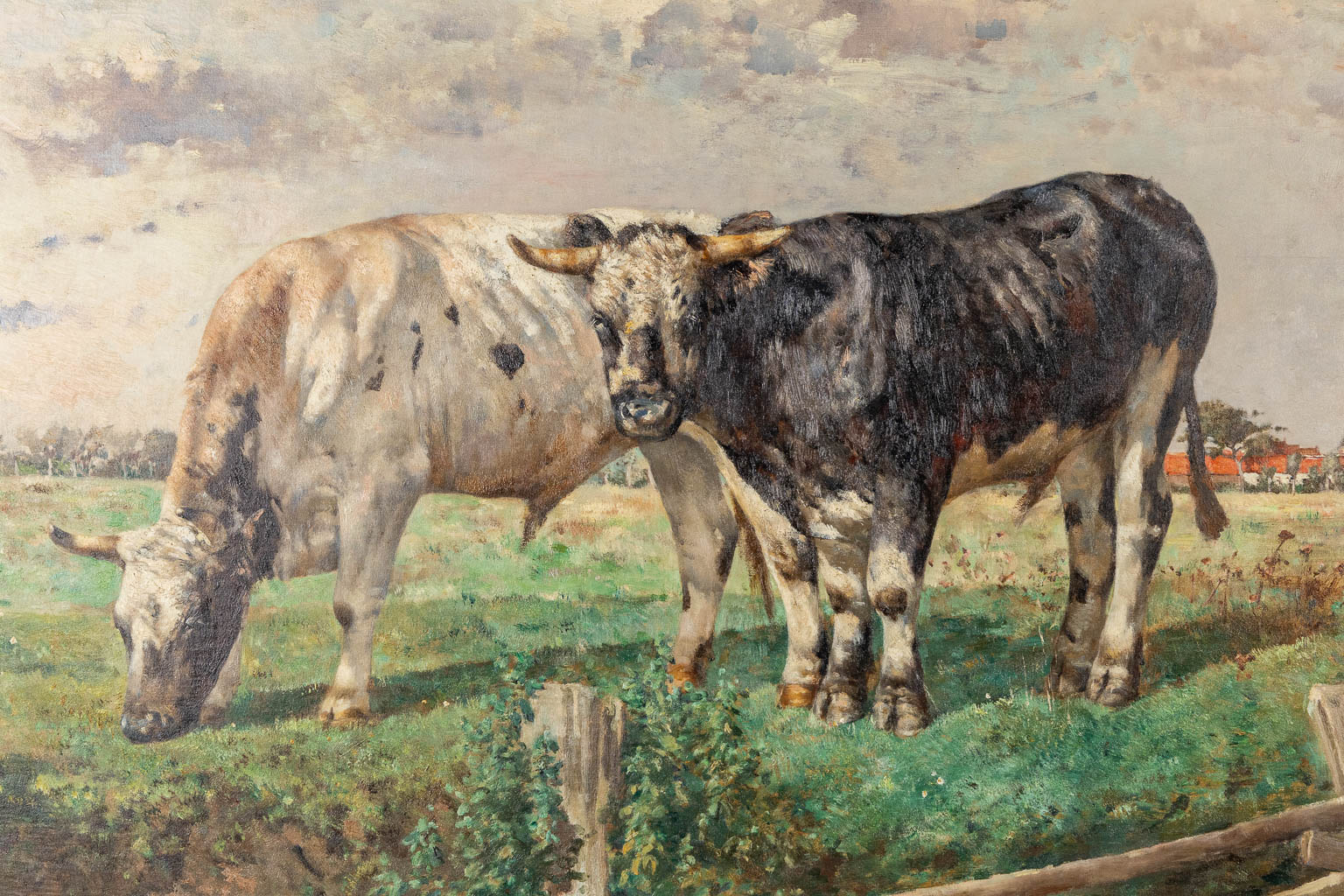 Alfred  VERWEE (1838-1895) 'Twee grazende koeien' olie op doek. (W:107 x H:81 cm)
