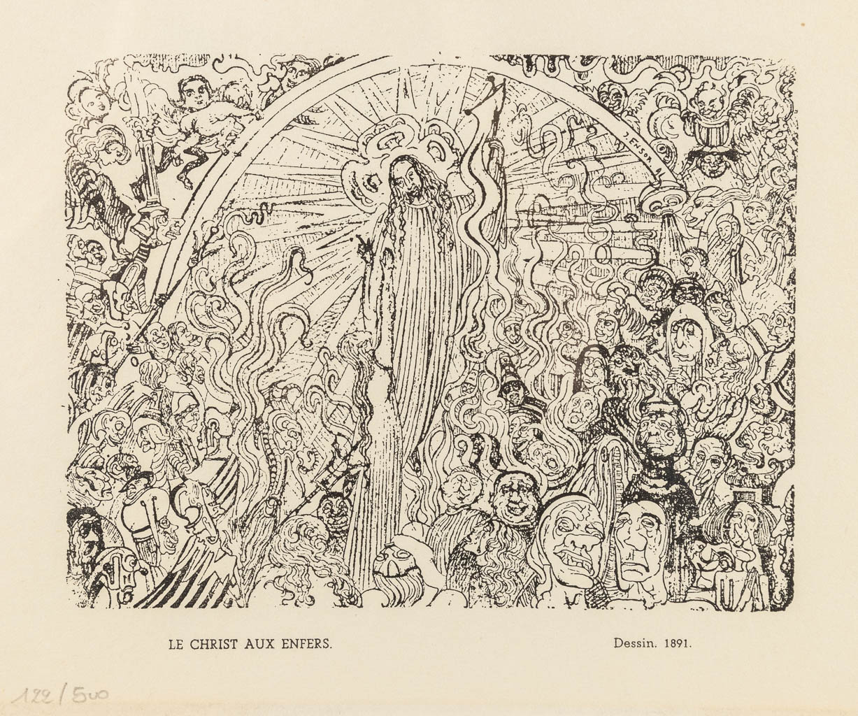 Naar James ENSOR (1860-1949) 'Le Christ Aux Enfers' een lithografie, 122/500. (23 x 18 cm)