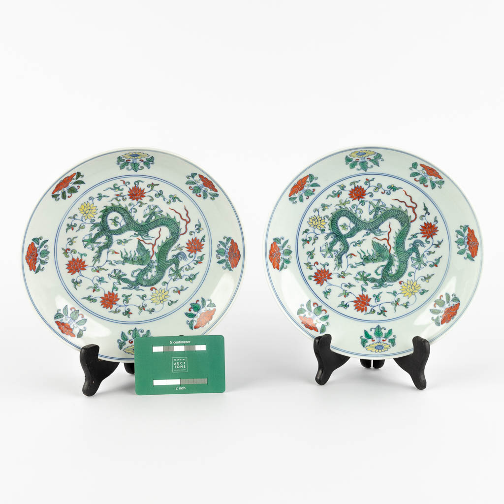 Een paar Chinese Famille Verte borden met drakendecor. 20ste eeuw. (D:21 cm)
