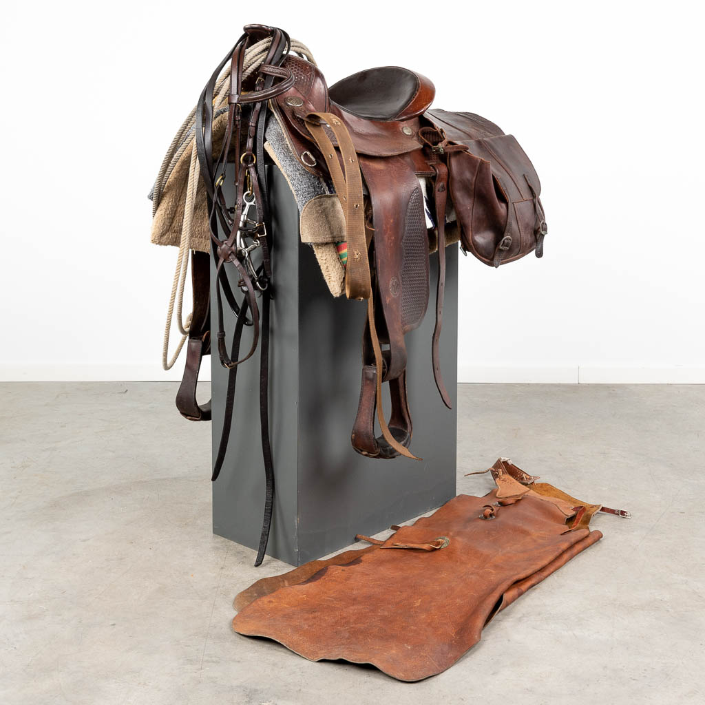 Circle Y Brand Yoakum Texas, a saddle made of leather, leg protectors and a lasso (D:60 x W:70 x H:100 cm)