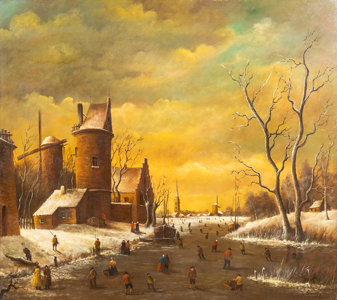 'Ice Skating on Natural Ice' oil on panel. Signed F. Siroux, 19th C.  (W:70 x H:62 cm)