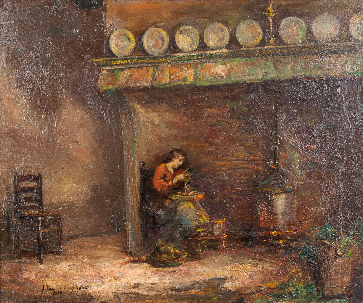 Julien VAN DE VEEGAETE (1886-1960) 'Aardappelen schillen' olie op doek. 1958. (W: 60 x H: 50 cm)