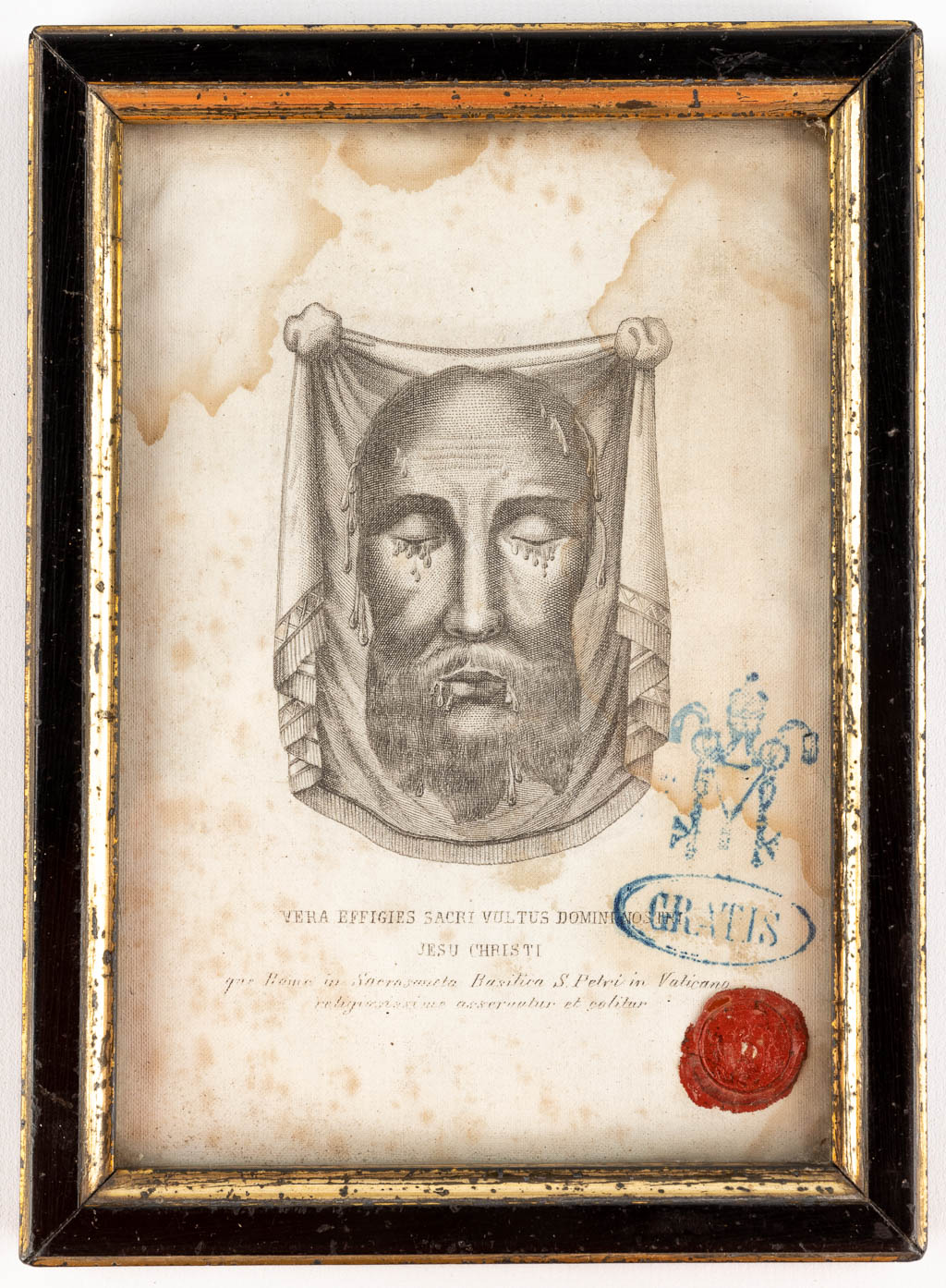 Een samengestelde collectie reliquaria, Doek van Veronica, een relikwie Heilig hart in ebbenhout, en meer. (W:13 x H:18 cm)