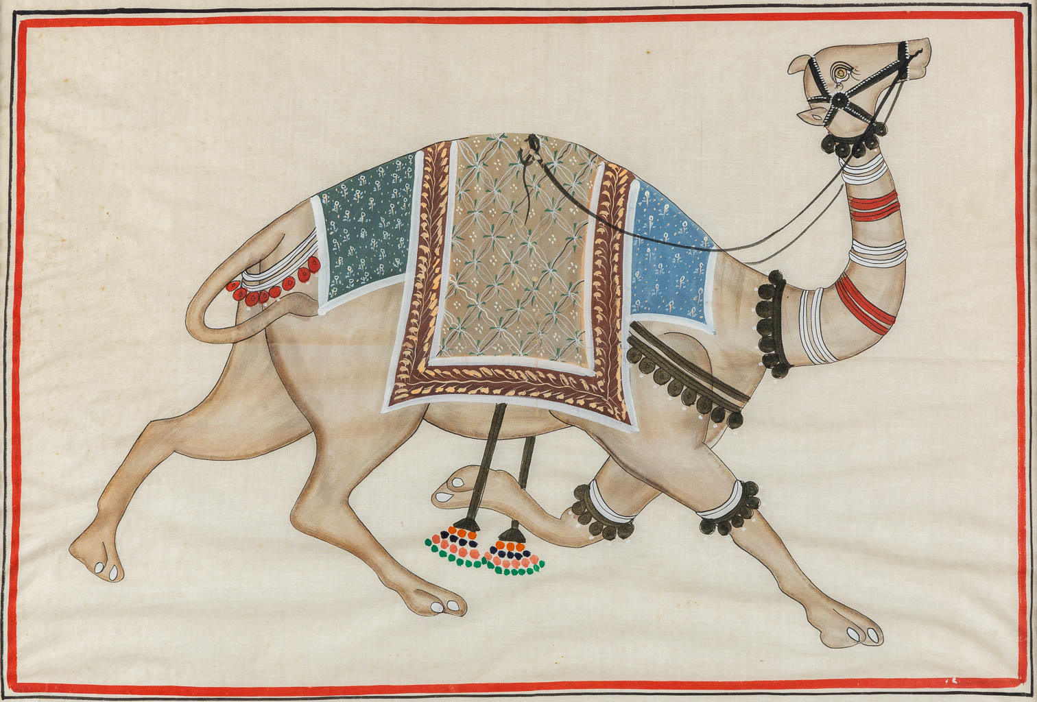 Een decoratief Perzisch schilderij van een kameel, olie op zijde. (W:70 x H:50 cm)
