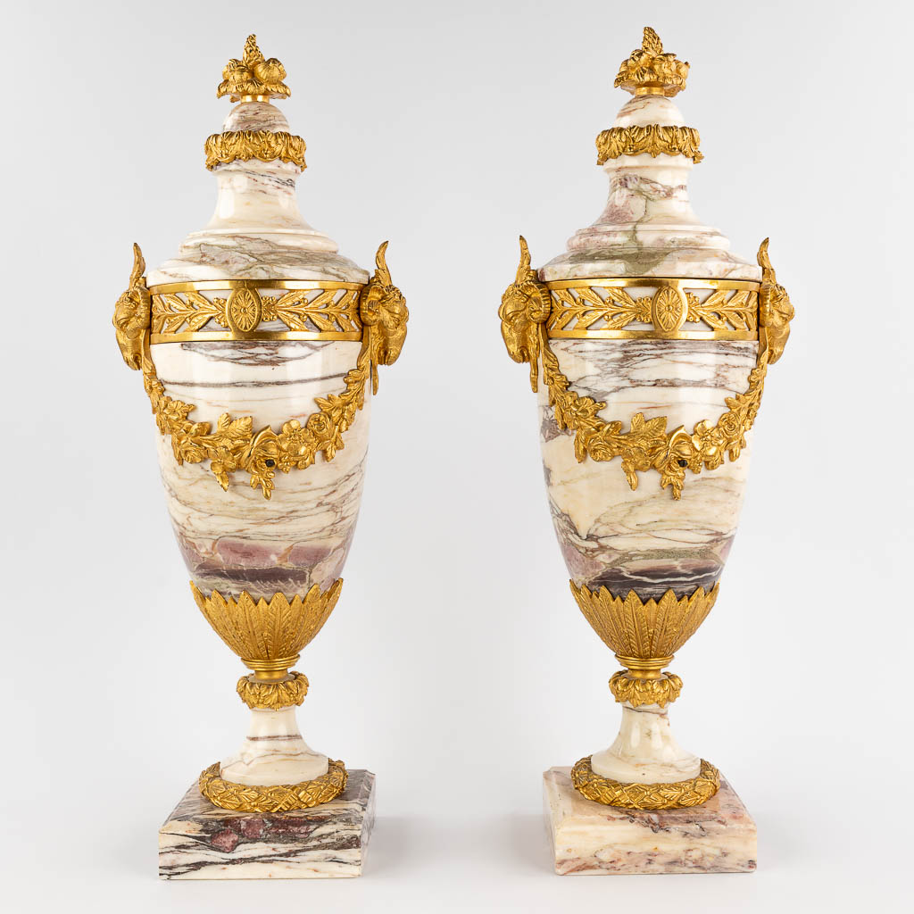 A pair of gilt bronze mounted cassolettes, ram