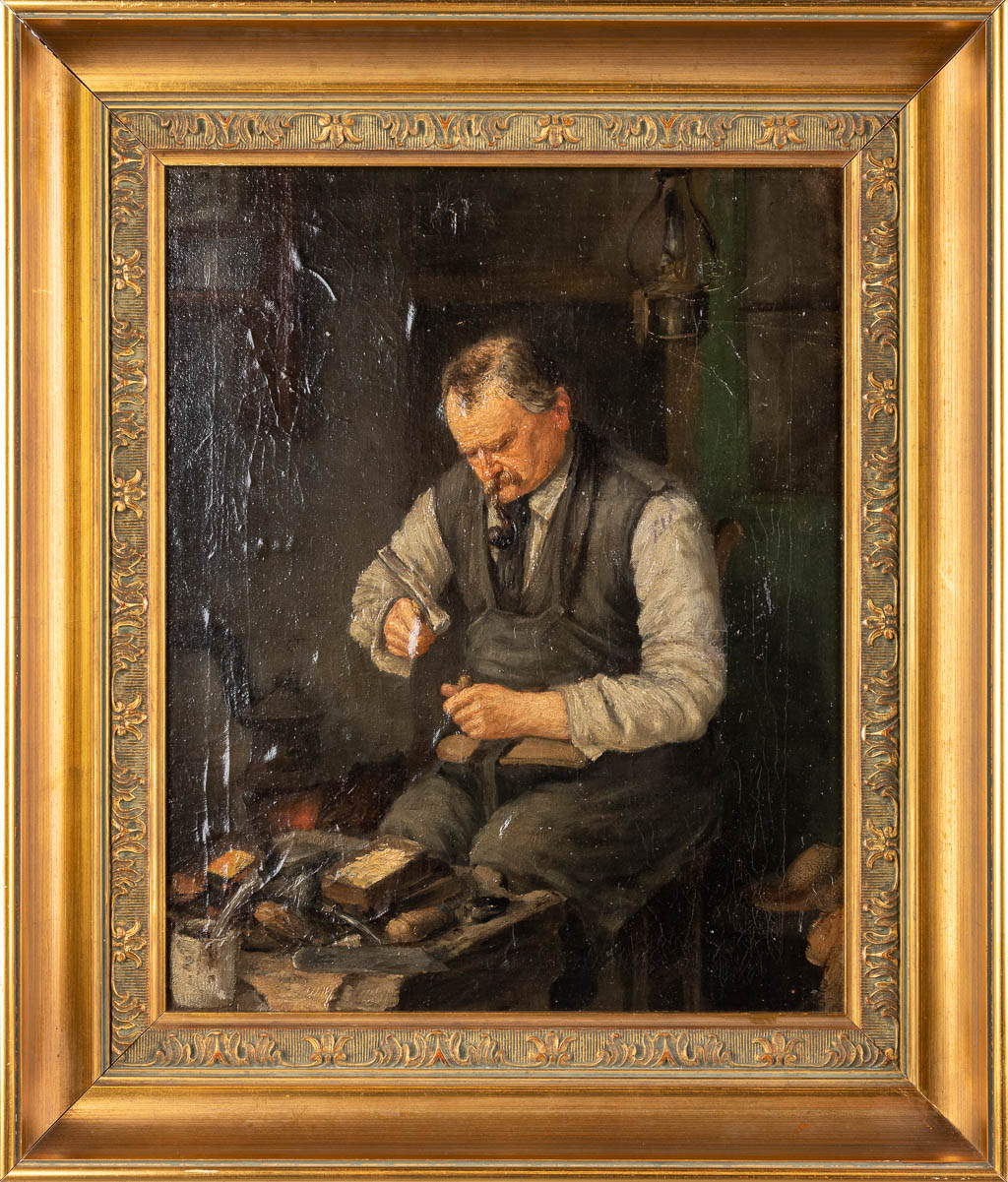 The Shoemaker, a painting, oil on canvas, maroufled on a panel. 19th C. (W:36 x H:44 cm)