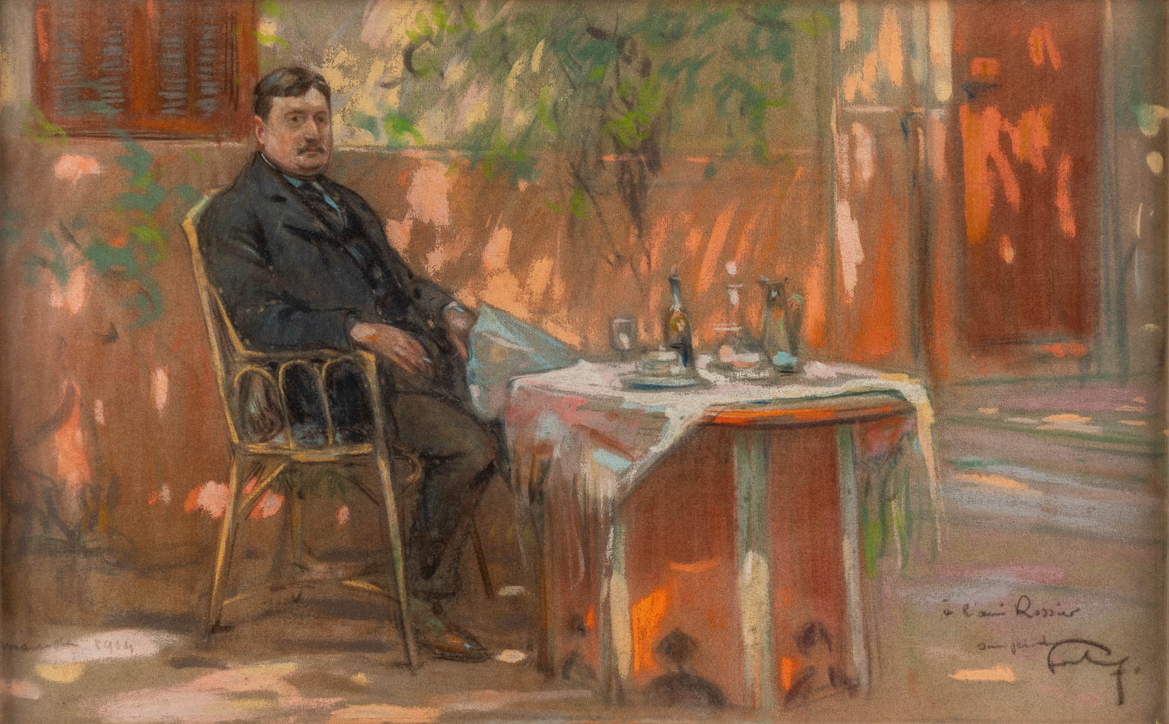 Louis FORTUNEY (1875-1951) 'Man on a terrace' gouache on paper. (W:60 x H:37 cm)