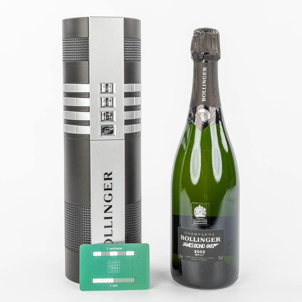 A bottle of Bollinger Champagne in a silencer container, special edition for James Bond, 2002. (H:33cm)