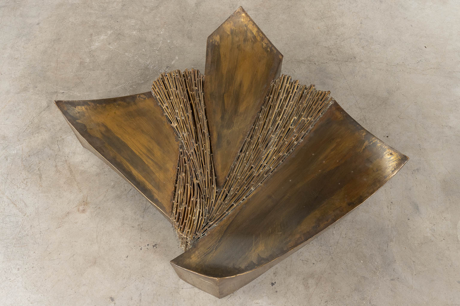 A coffee table, bronze and glass, brutalist style with faux bamboo. 20th C. (D:90 x W:120 x H:35 cm)