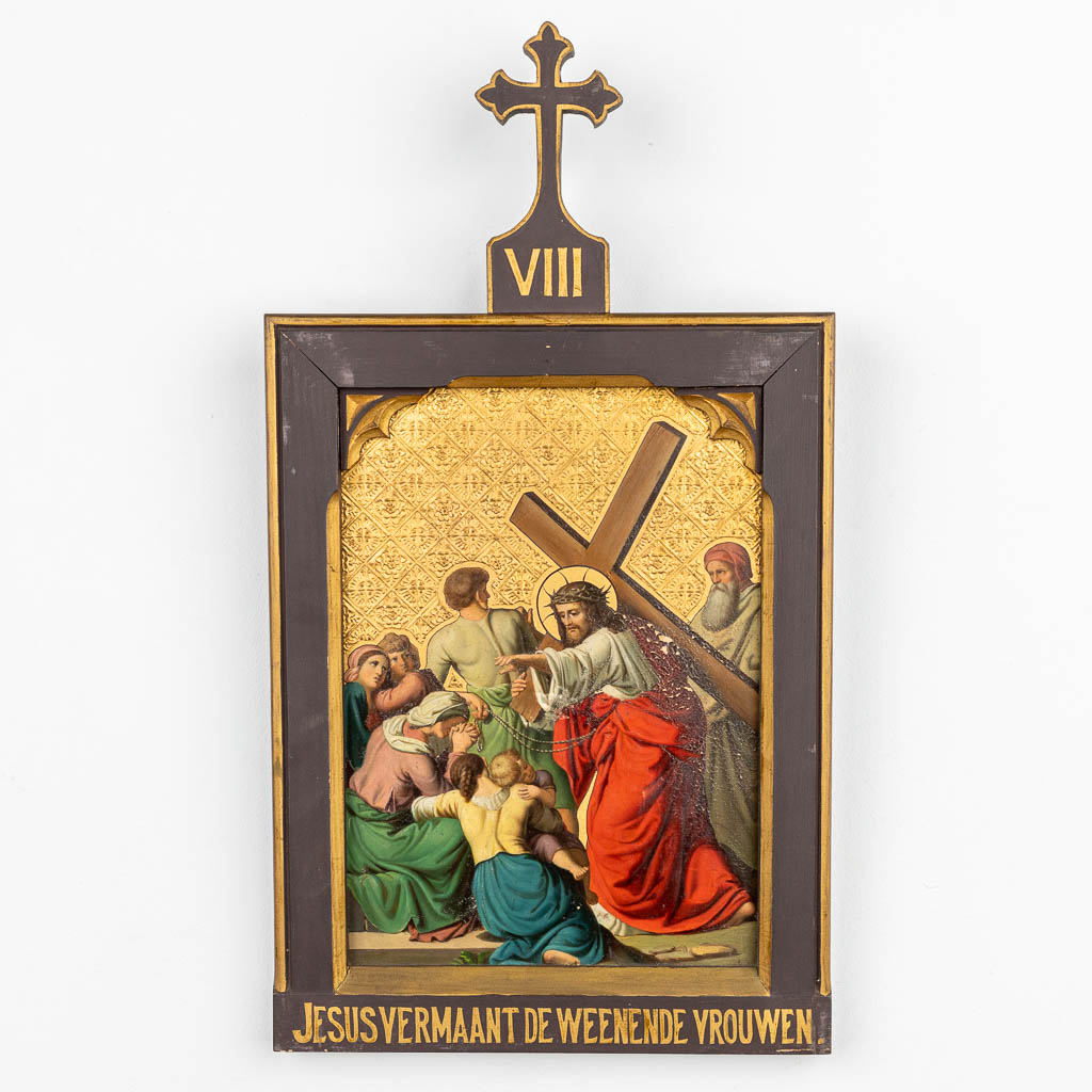 Een grote 14-delige kruisweg handgeschilderd op koper en gemonteerd in neogotische kaders. (H:49cm)