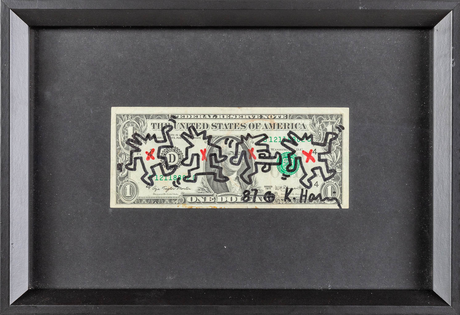 Keith HARING (1958-1990)(attr.) Signed 1 dollar bill (1987) (L:6,5 x W:15,5 cm)