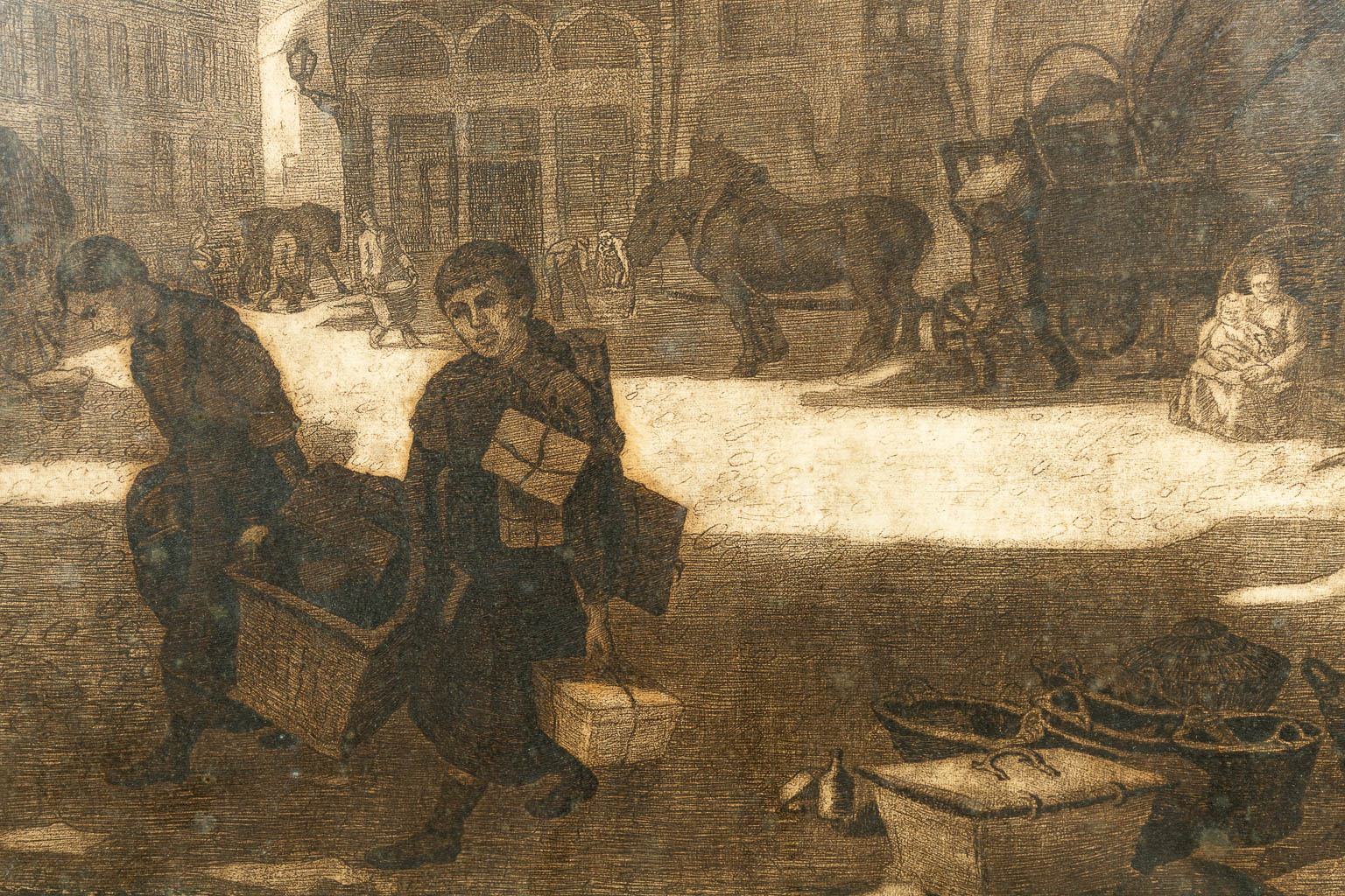François PYCKE (1890-1960) 'Place de L'Ecluse à Gand, Jour de marché', Een ets. 1/100. 1917. (70 x 57 cm)