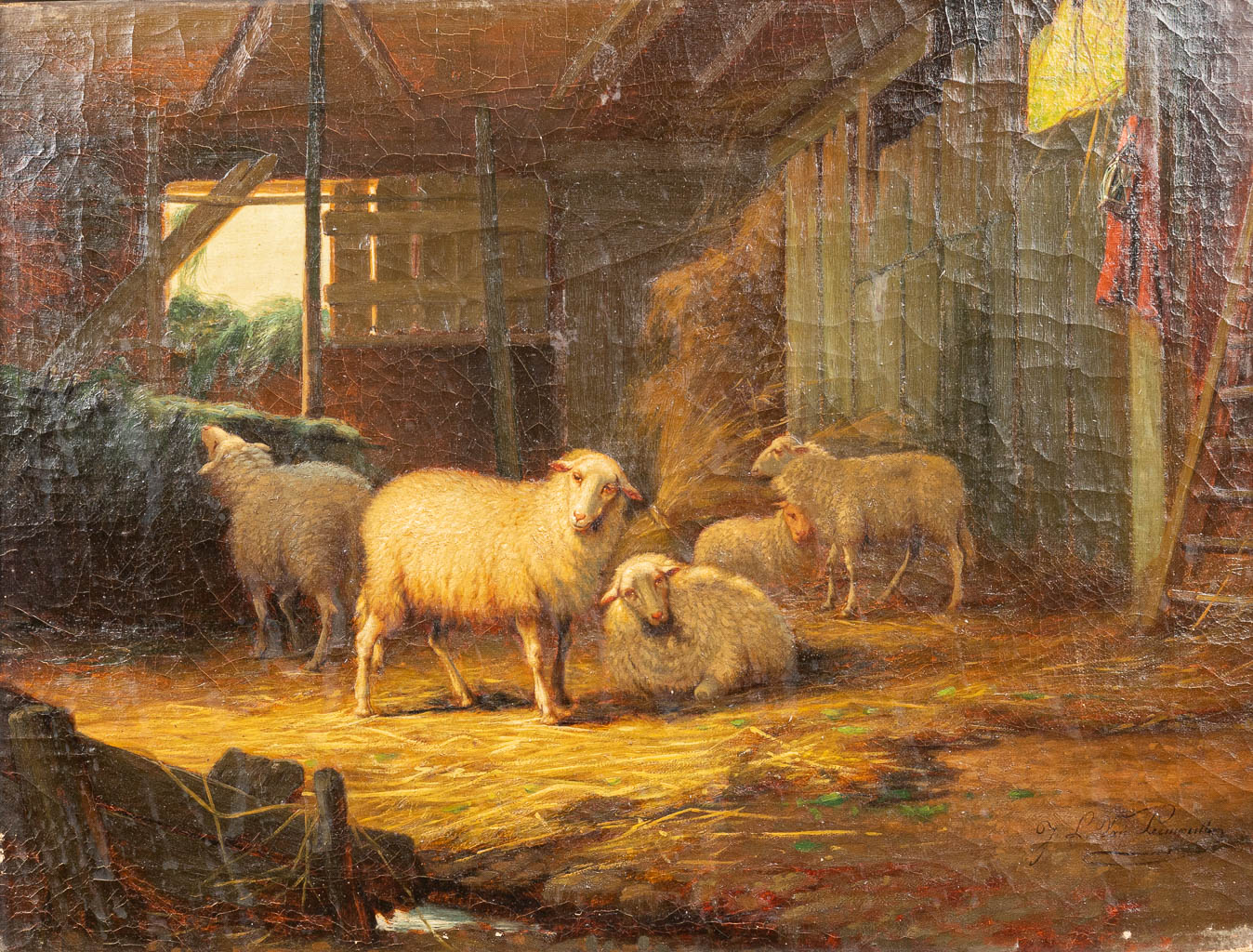 Jef Louis VAN LEEMPUTTEN (1865-1948) 'Schapen in de schuur' een schilderij, olie op doek. (50 x 40 cm)