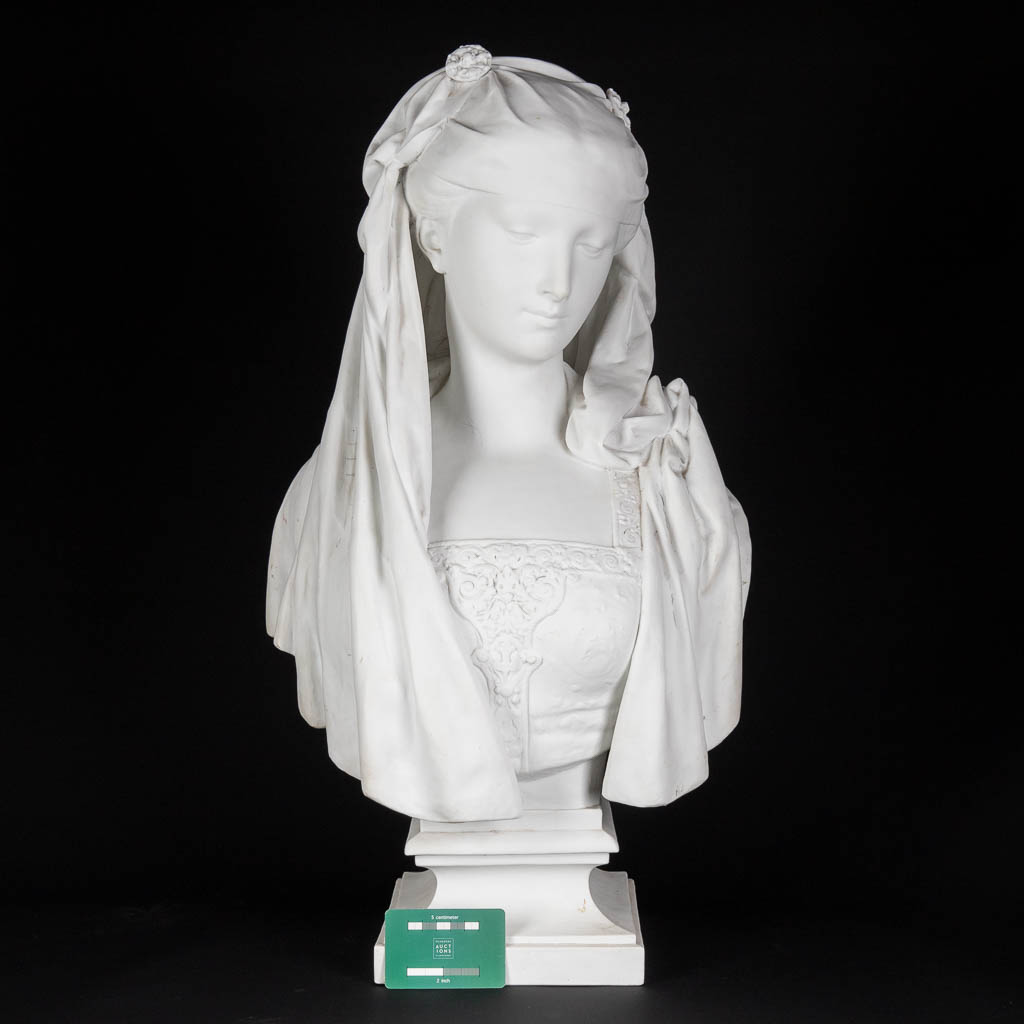 CARRIER-BELLEUSE (1824-1887) 'Bust of a lady' bisque porcelain. (D:23 x W:37 x H:66 cm)