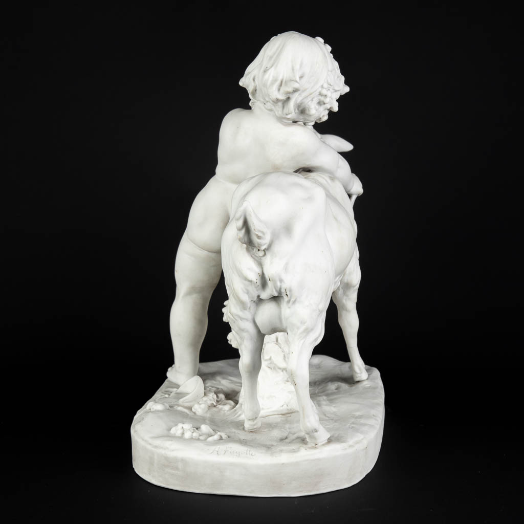 FAGOTTO (XIX-XX) 'Child with a ram' Bisque porcelain, marked Sèvres, Paris. (D:19 x W:33 x H:32 cm)