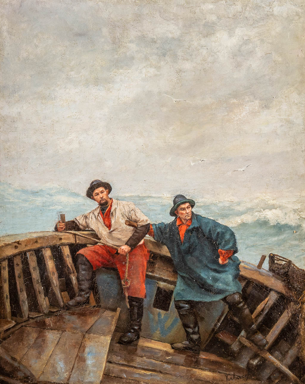 Alexander VERHAEGHE (1854-1904) 'Vissers' olie op doek. (W:53 x H:66 cm)