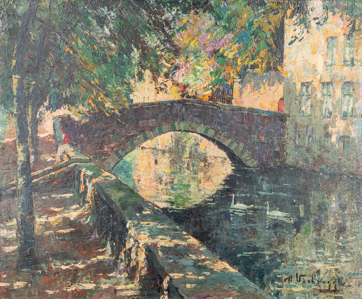 Charles VERBRUGGHE (1877-1974) 'Meebrug, Bruges' a painting, oil on panel. (46 x 38 cm)
