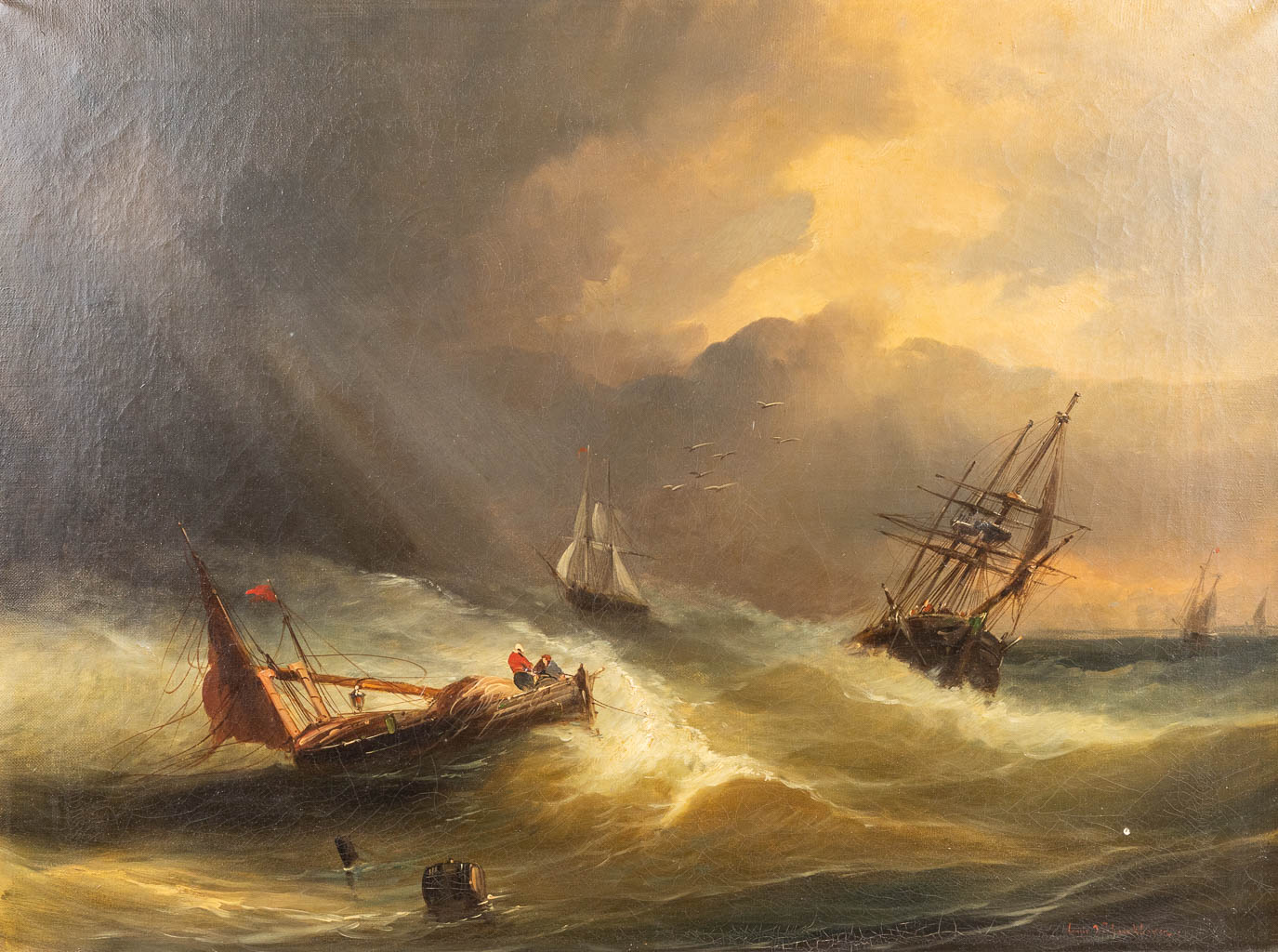 Louis I VERBOECKHOVEN (1802-1889) 'Storm op zee' olie op doek. (W:63 x H:48 cm)