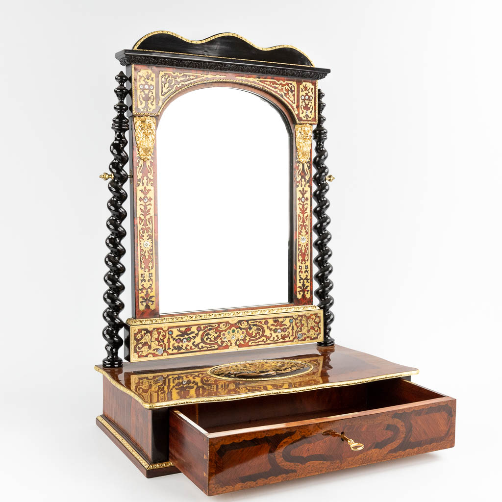 An antique table mirror, Boulle, Tortoiseshell and copper inlay, Napoleon 3, 19th C. (D:30 x W:52 x H:73 cm)