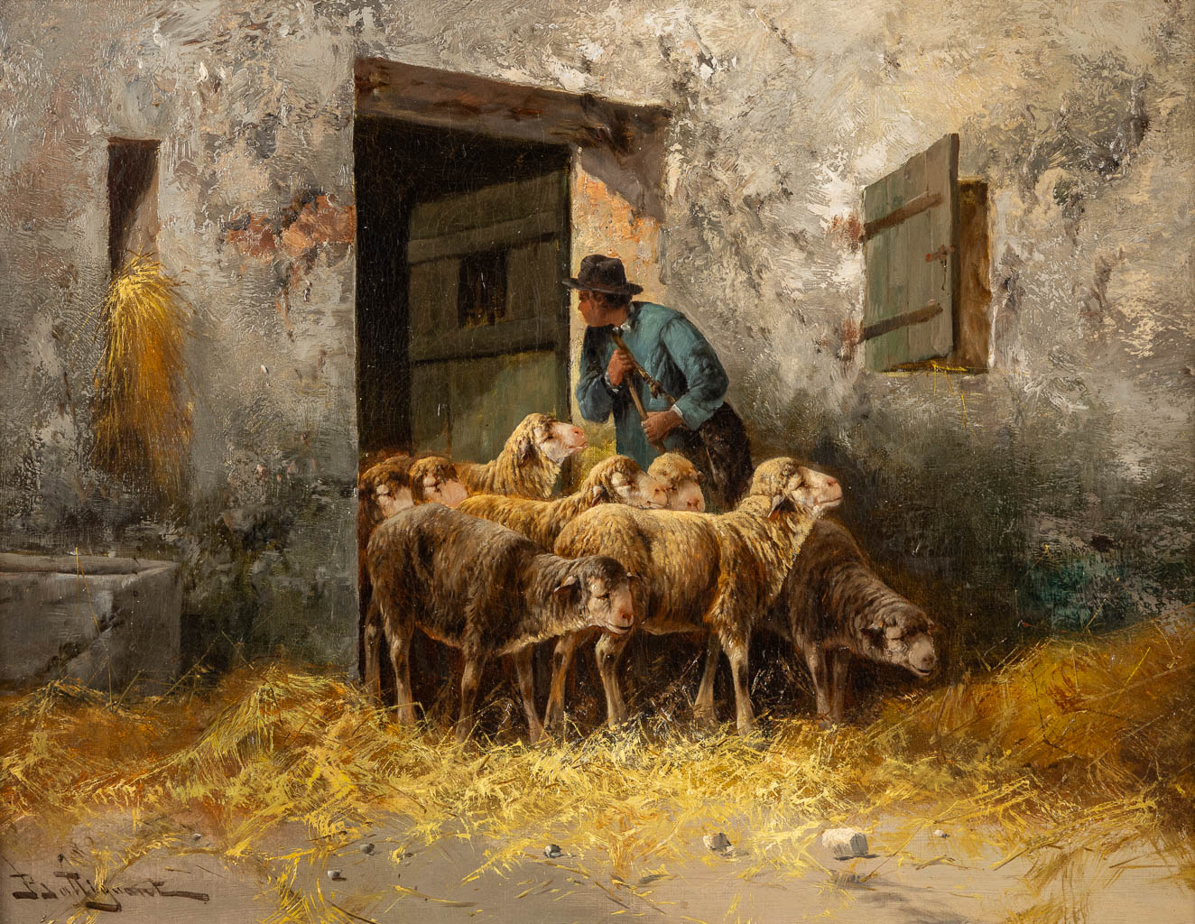 Jules BAHIEU (1847-1916) 'The Sheep Barn'. (W:65,5 x H:49,5 cm)