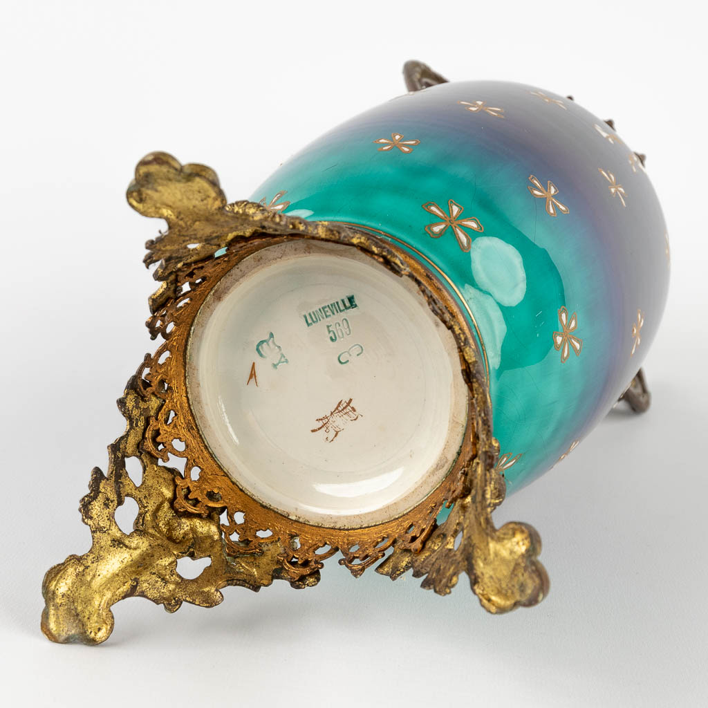 Luneville, a large brass mounted faience vase with starry sky decor. Art Nouveau. (D:15 x W:20 x H:38 cm)