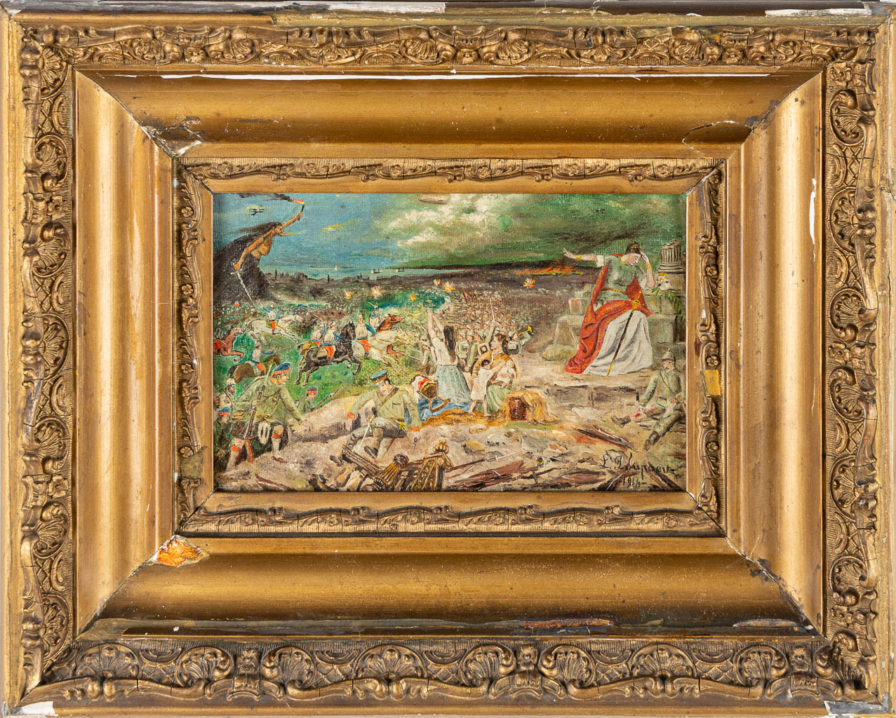 Lionel POUPAERT (1900-1989) 'Slag om de Dardanellen, 1914'. A painting, oil on canvas. (19 x 12 cm)