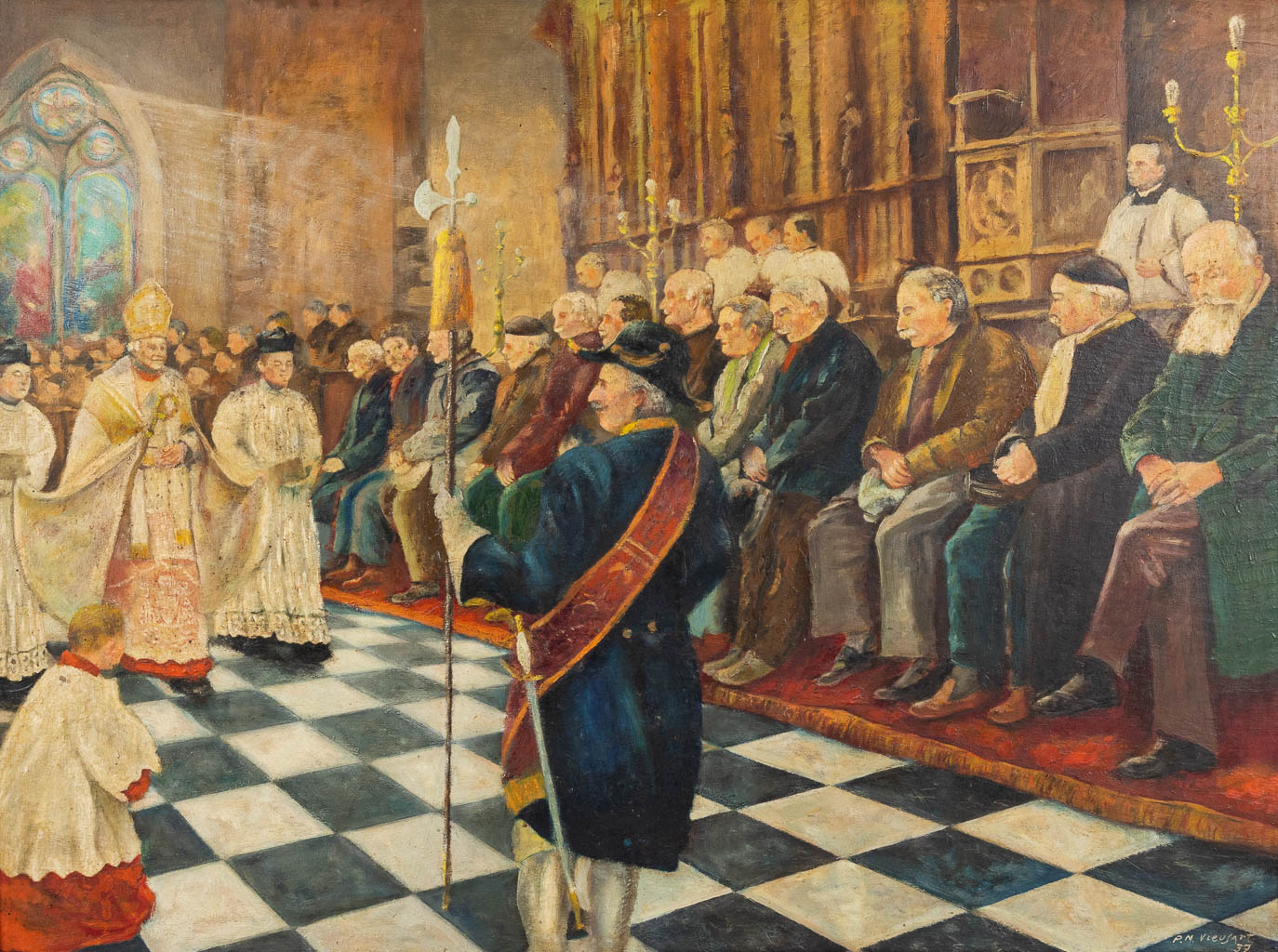 Een schilderij 'Intrede in de kerk' P.M. Vieusart. 1937. Olie op paneel.  (W:110 x H:81 cm)