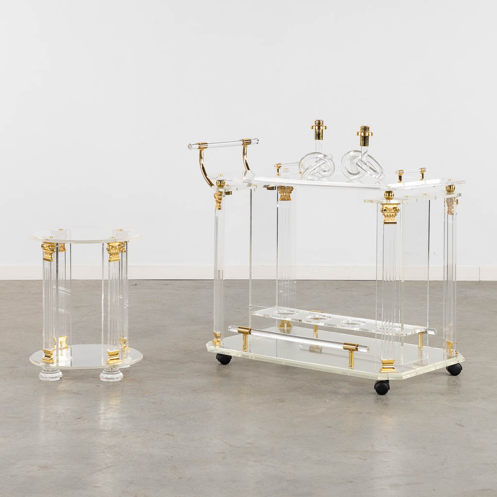 A Hollywood Regency style bar cart, side table and two candelabra. (L:52 x W:97 x H:80 cm)