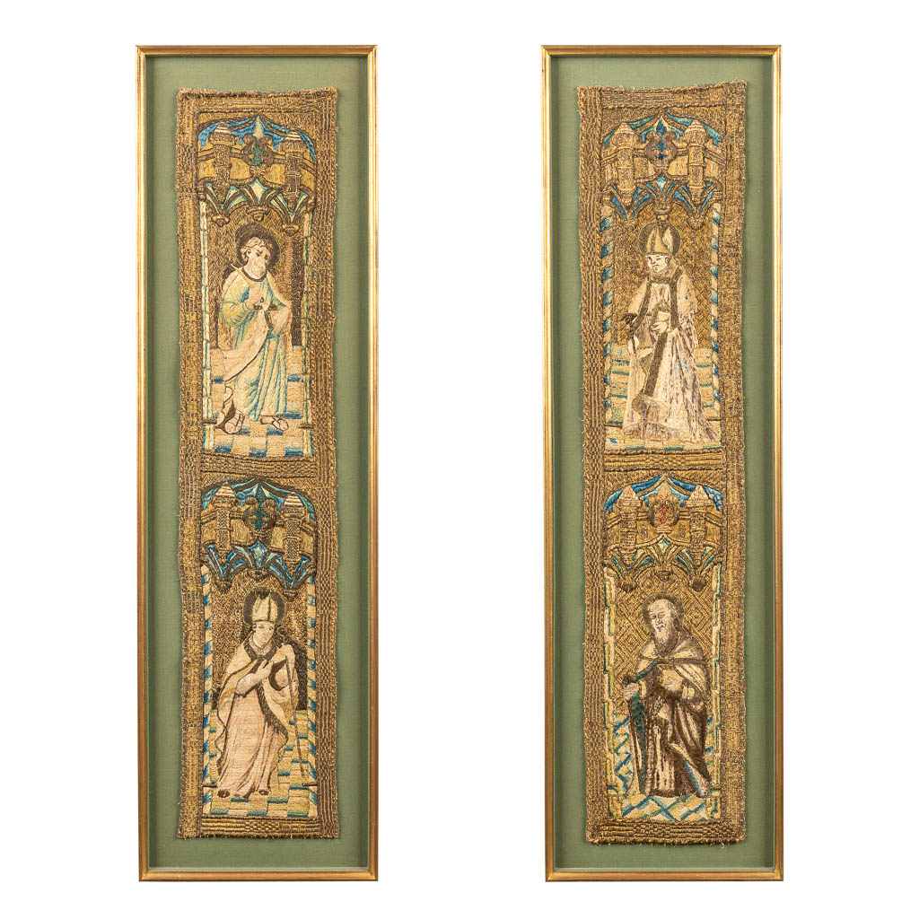 A pair of fragmens of a casuble with images of holy figurines. 17th century. (H:92cm)