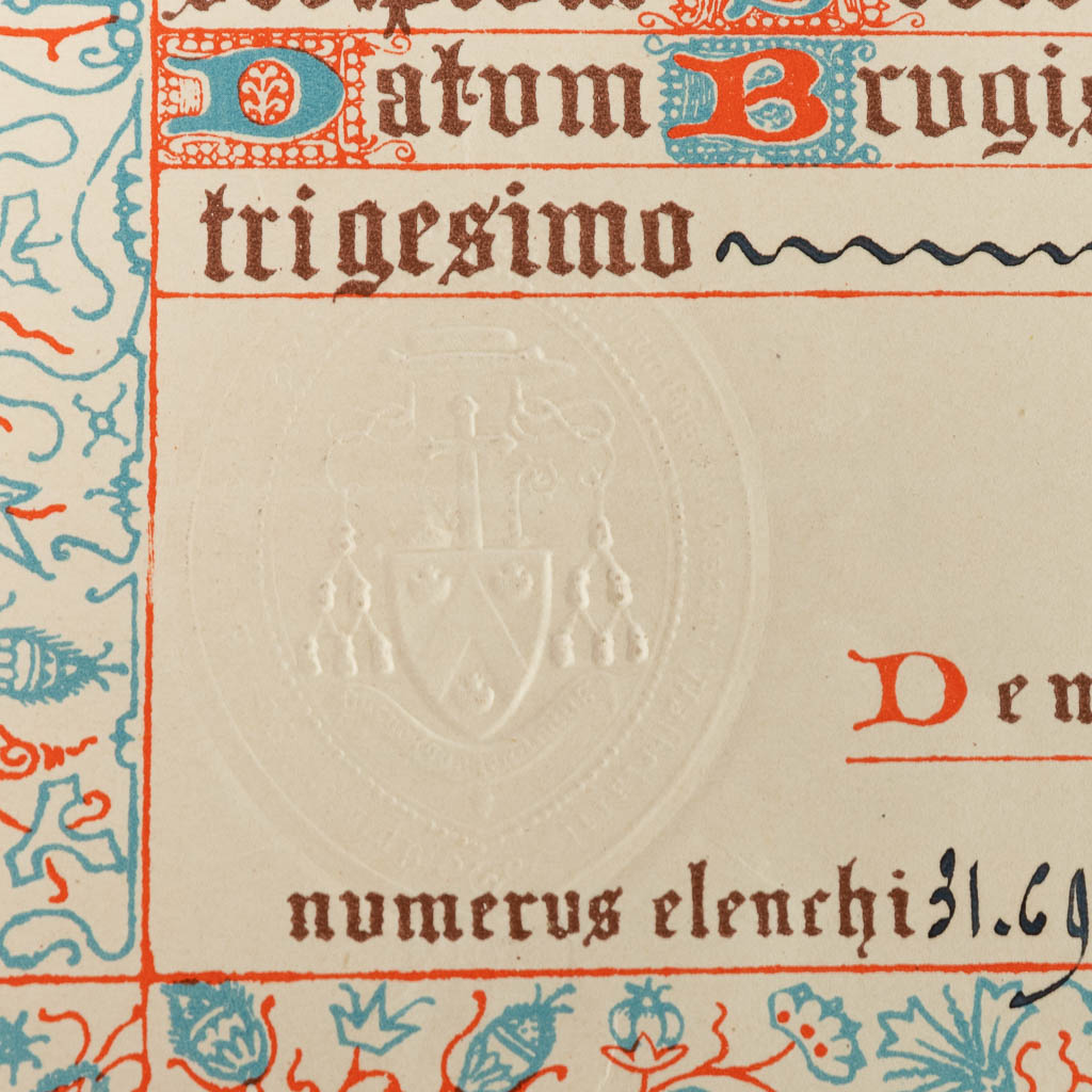 Een verzegelde theca met relikwie: Ex vestimentis Sancta Theresia, Vriginis, Ex Ossibus Sancti Laurentii, Mart., Sancti Livini, 