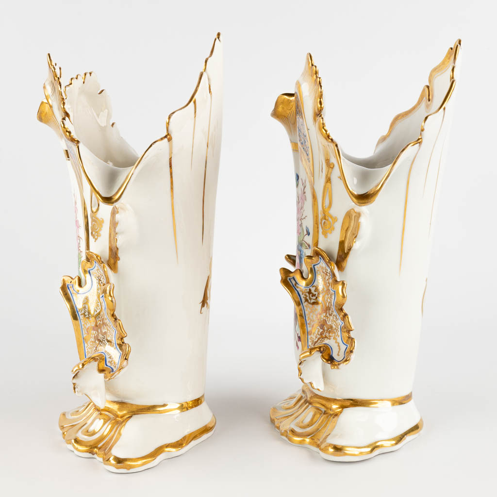 Two pairs of Vieux Bruxelles vases, polychrome porcelain with a hand-painted decor. 19th C. (D:15 x W:25 x H:33 cm)