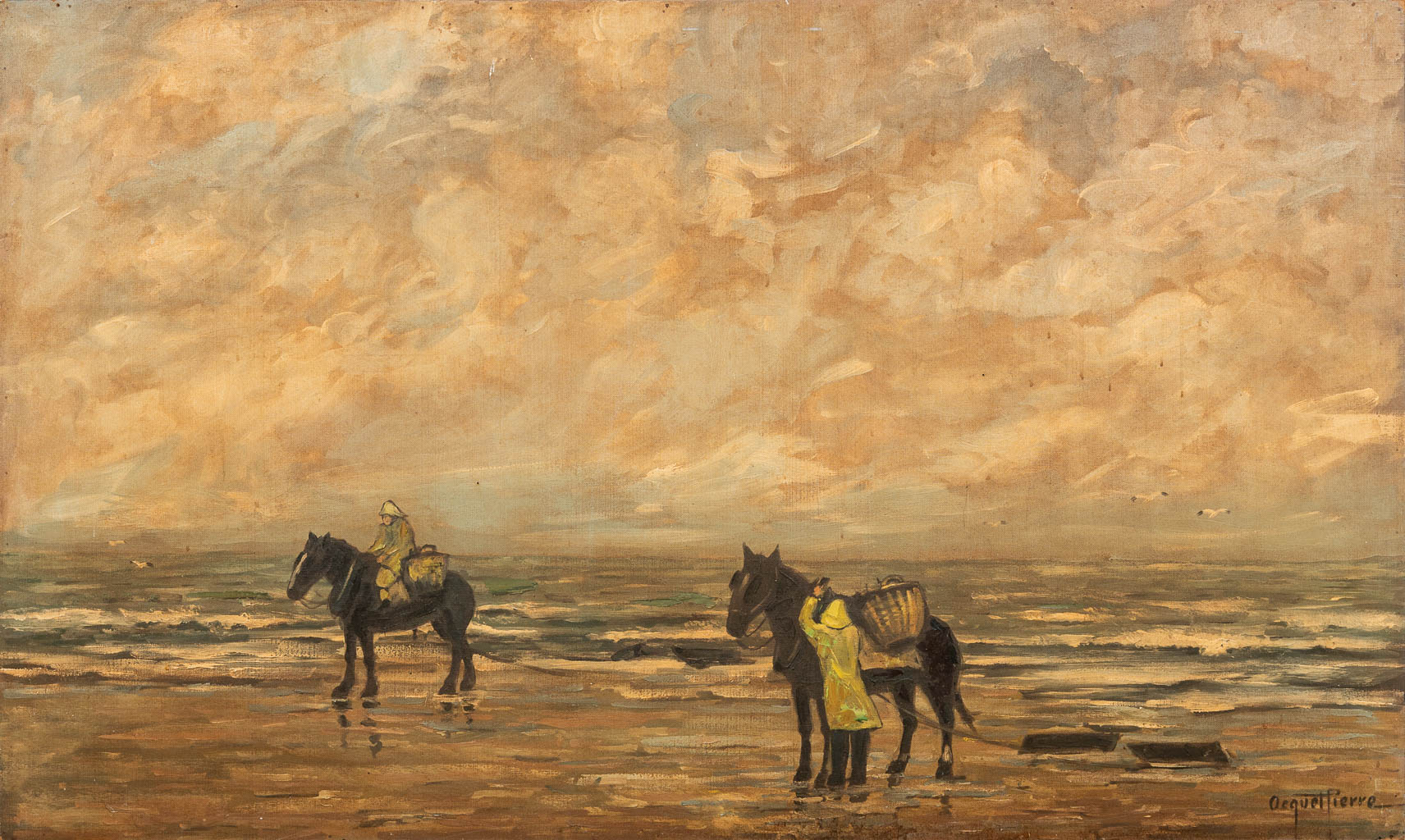 Pierre OCQUET (1926) 'Shrimp Fishers in Oostduinkerke' a large painting, oil on panel. (200 x 120 cm)