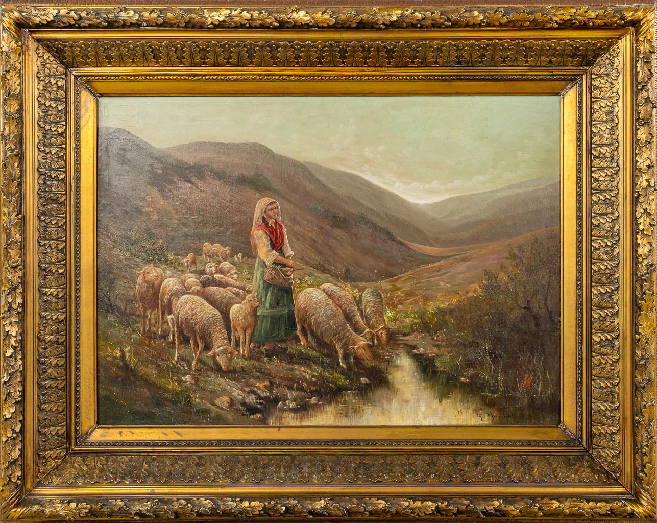 Dame met schapen, een schilderij, olie op doek. Getekend G. Marchal. (W:91 x H:65 cm)