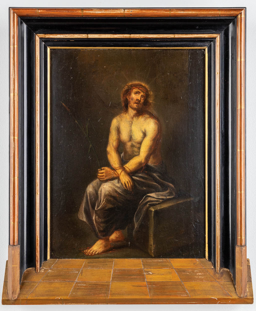 'Pensive Christ', an antique painting, oil on panel. 18th C. (W:30 x H:39 cm)