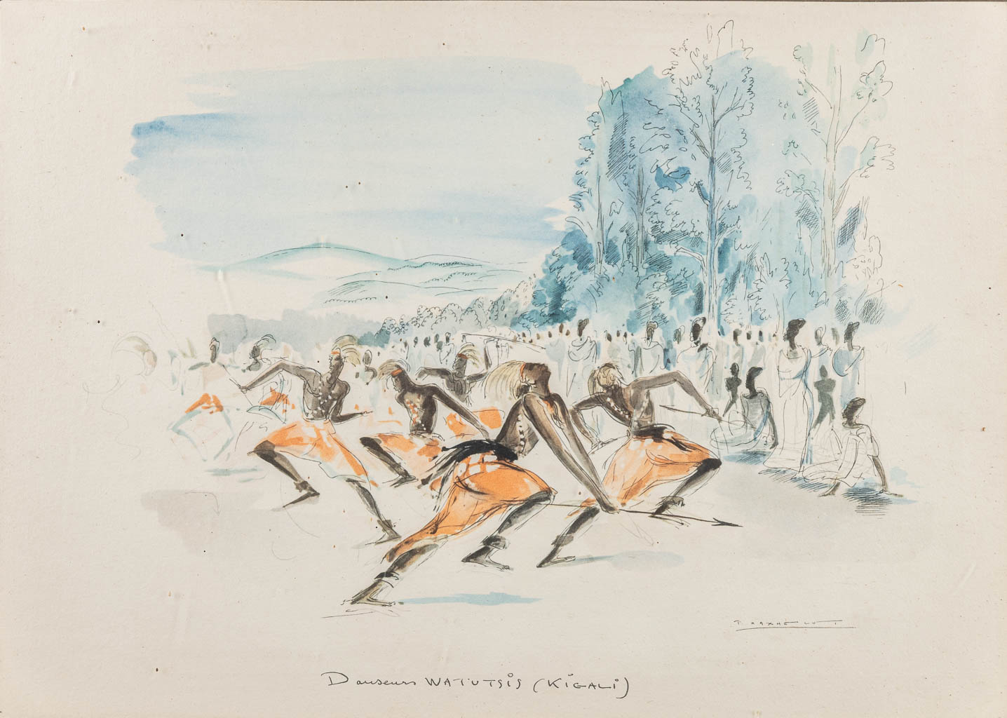 Paul DAXHELET (1905-1993) 'Danseurs Watutsis (Kigali)', Watercolor on paper. (35 x 25 cm)