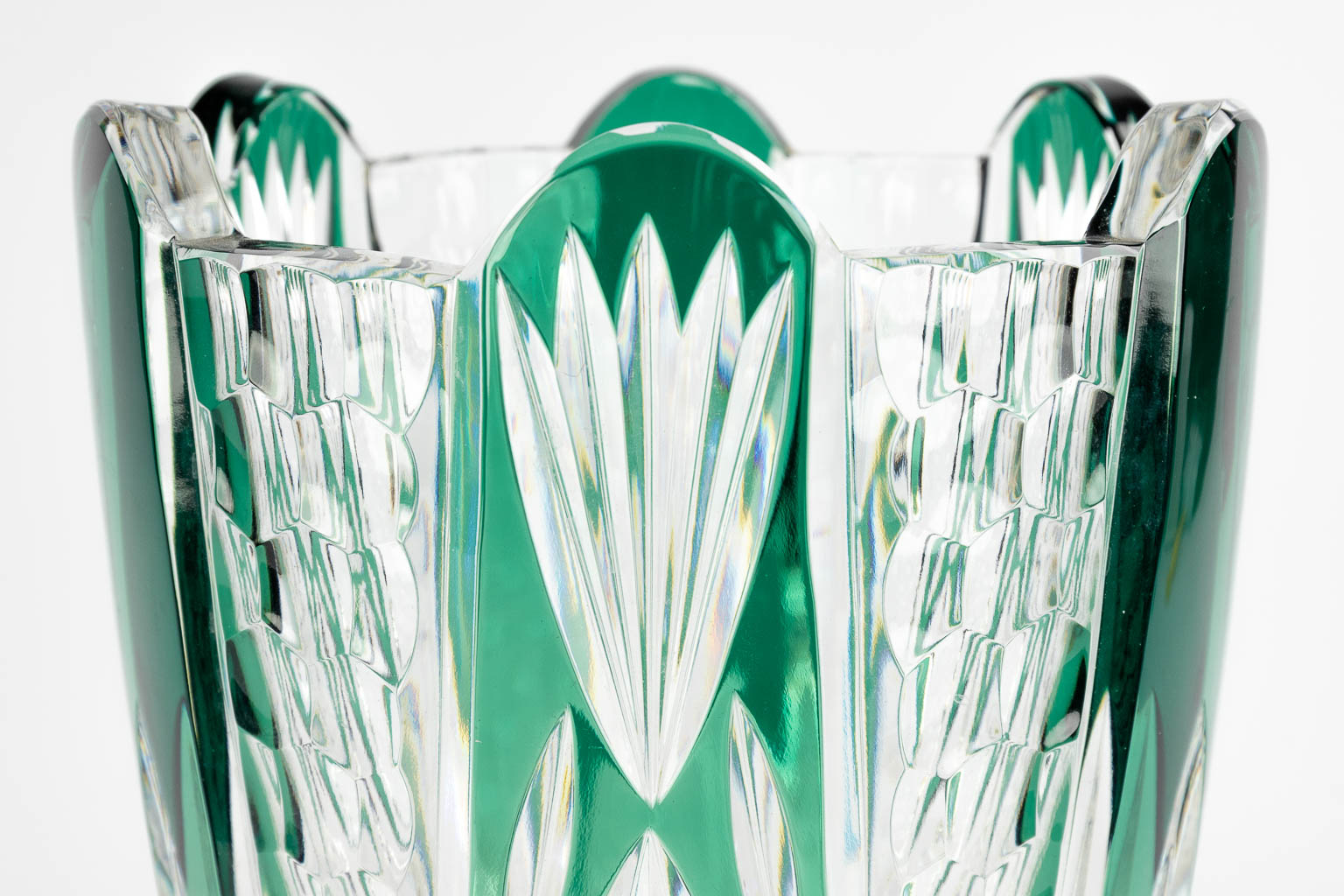 Val Saint Lambert, a large green cut crystal vase. (H:33 x D:19 cm)