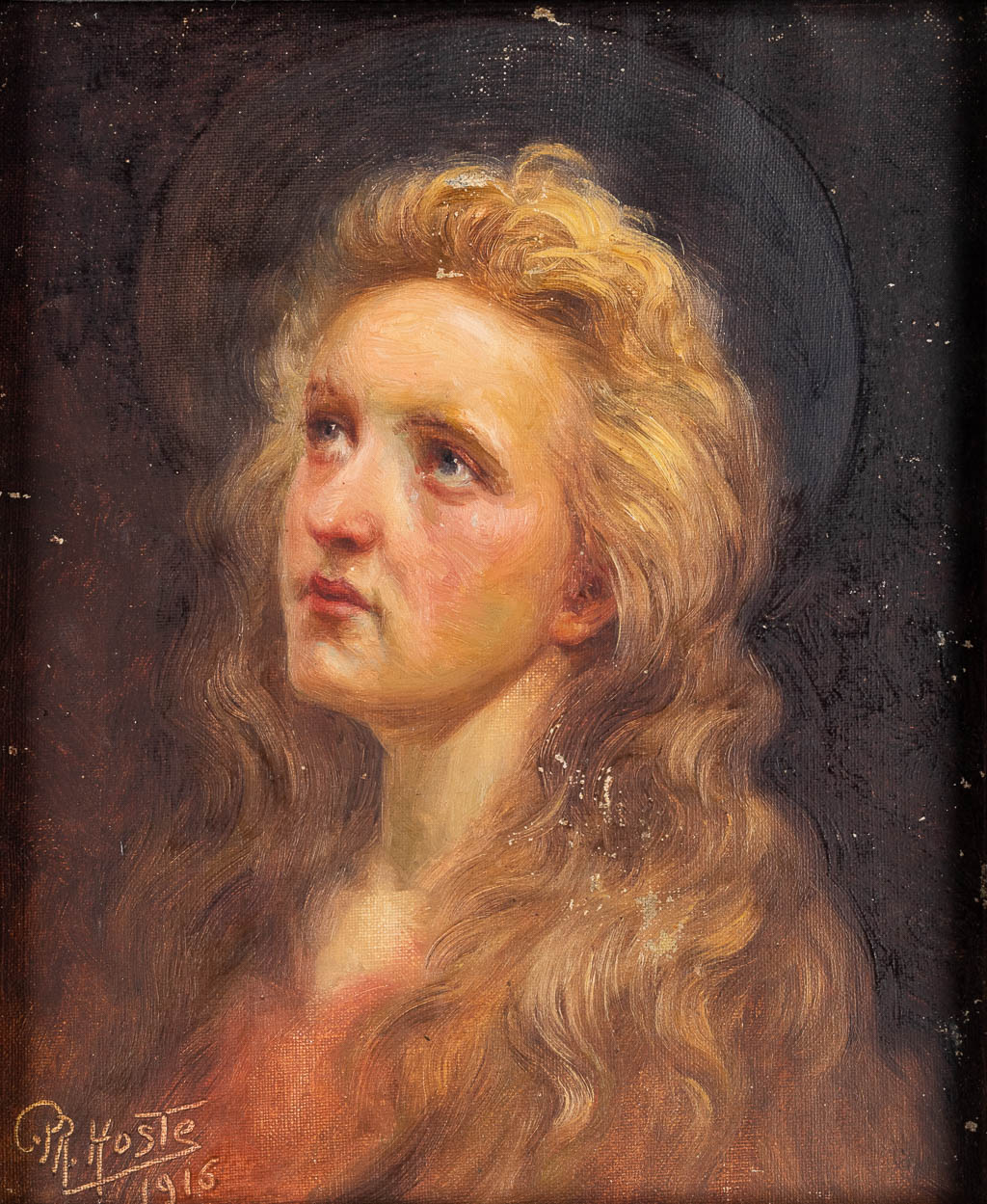Constant Pr. HOSTE (1873-1917) 'Susanna' olie op doek, gemaroufleerd op paneel. 1916 (W:20,5 x H:24,5 cm)