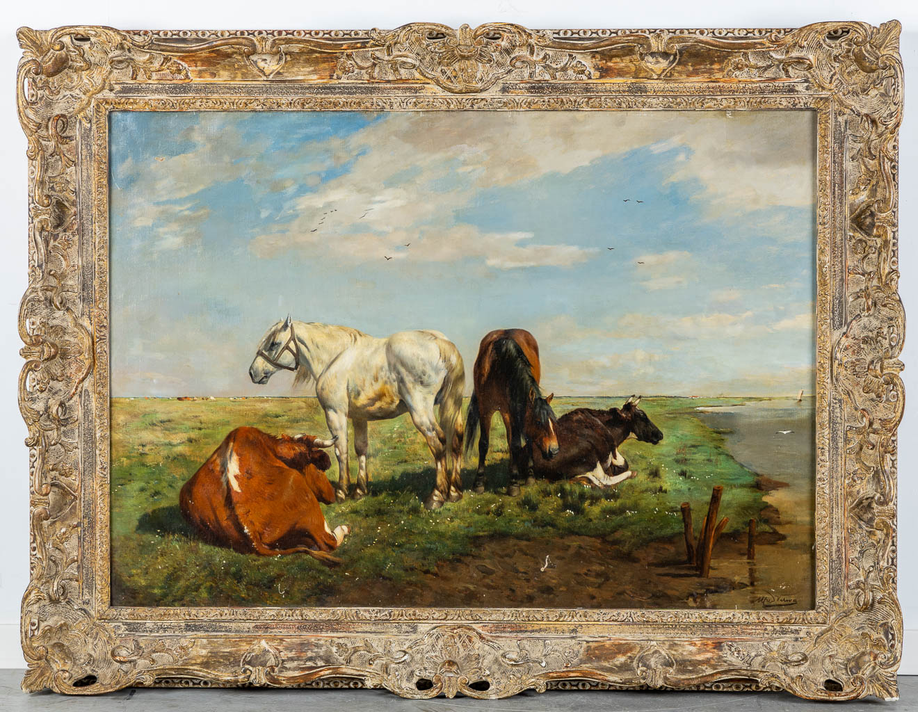 Alfred Jacques VERWEE (1838-1895) 'Paarden en Koeien' olie op doek. (W:106 x H:74 cm)