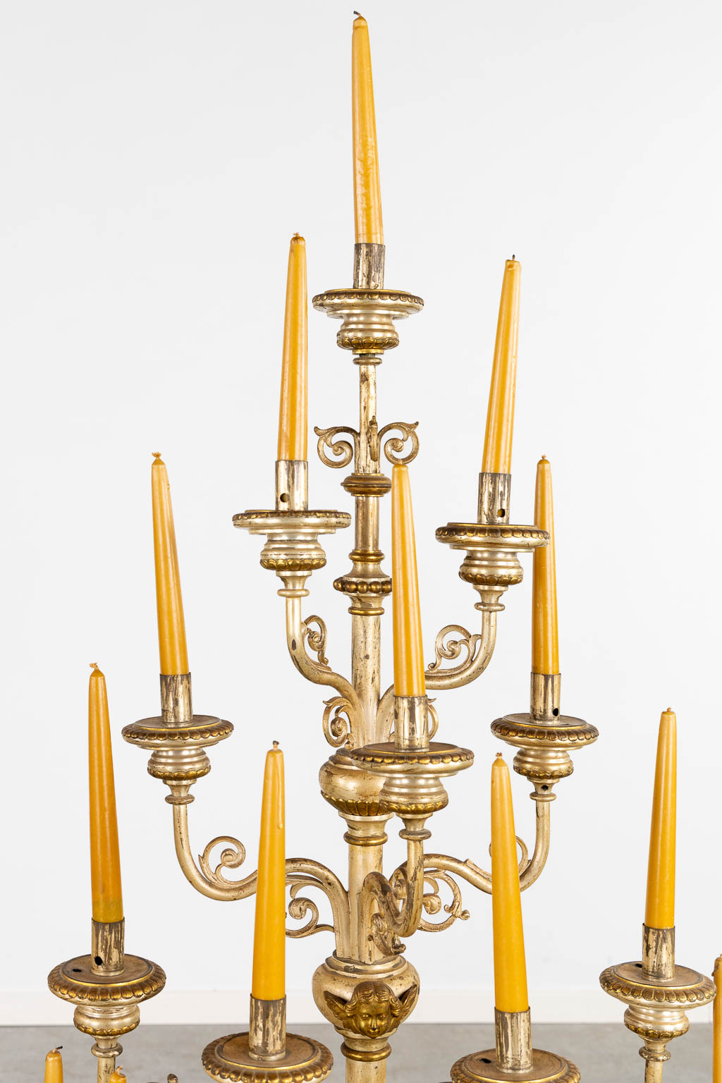An impressive pair of candelabra, 15 candles, gold and silver-plated metal. (L:44 x W:60 x H:138 cm)