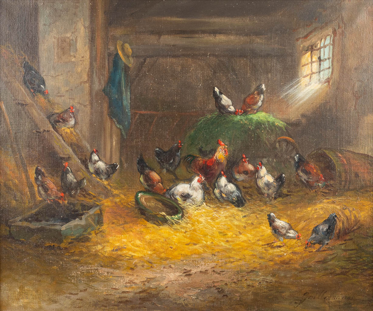 Claude GUILLEMINET (1821-c.1866) 'Een Toom kippen in de schuur' een schilderij, olie op doek. (46 x 55 cm)