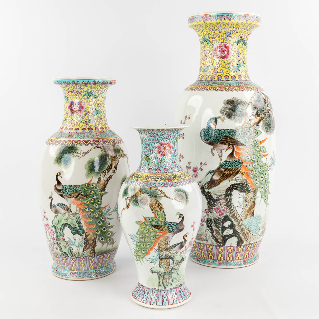 Een collectie van 3 Chinese vazen met decor van pauwen, 20ste eeuw. (H: 62 x D: 24 cm)