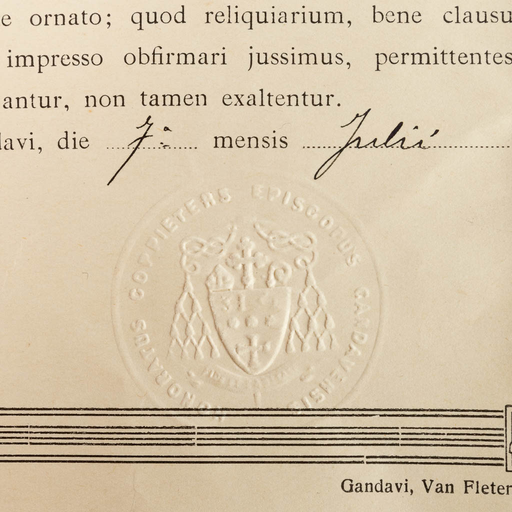 Een verzegelde theca met relikwie: Reliquas Sancti Alphosi Mariae de ligori ep. Confessoris et eccl Doctoris