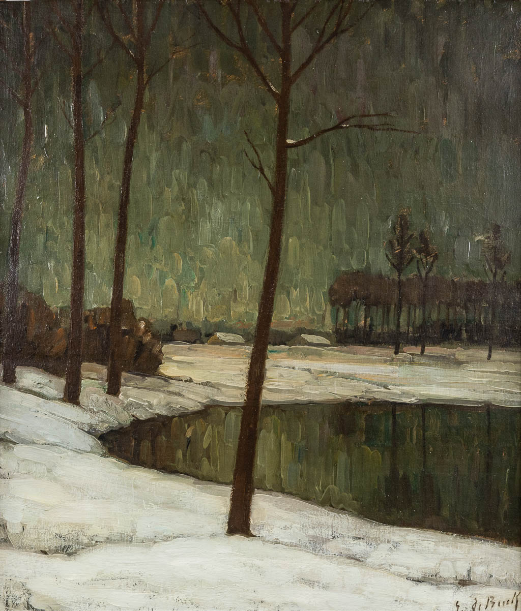 Evariste DE BUCK (1892-1974) 'Sneeuw nabij de Leie' olie op doek (W:70 x H:80 cm)